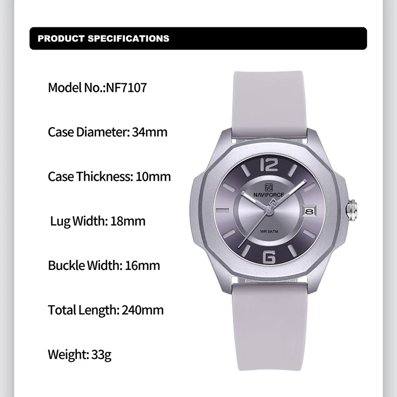 NAVIFORCE 7107 Watch for Women - đánh giá và giá Silicone Band Women