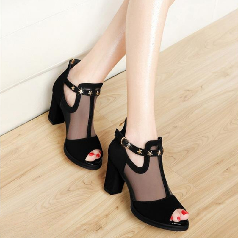 Mesh Peep Toe Block High Heels - đánh giá và giá Mesh Strap Metal