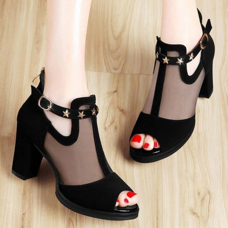 Mesh Peep Toe Block High Heels - đánh giá và giá Mesh Strap Metal